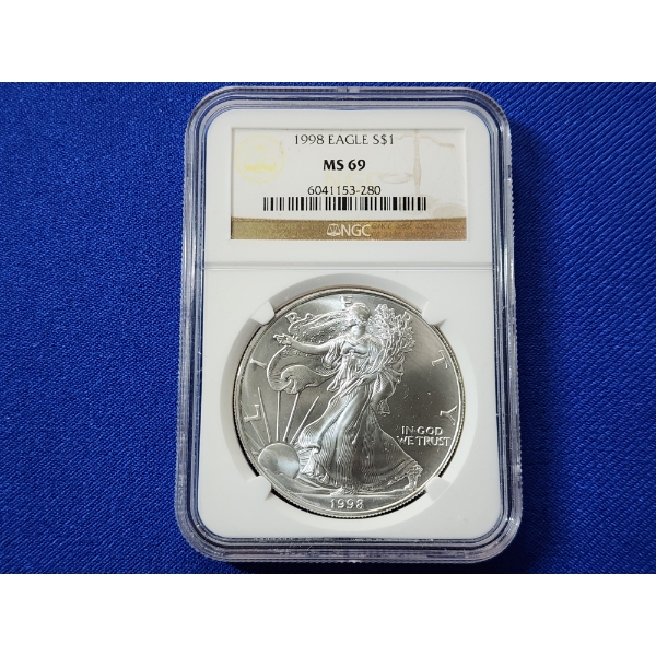 1998 $1 American Siver Eagle 1 oz Fine Silver Graded by NGC MS 69