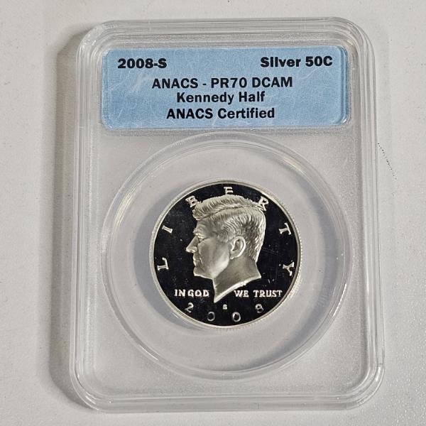 Authentically Certified 2008-S 90% Silver Kennedy Half Dollar, graded a perfect PR70 DCAM by ANACS