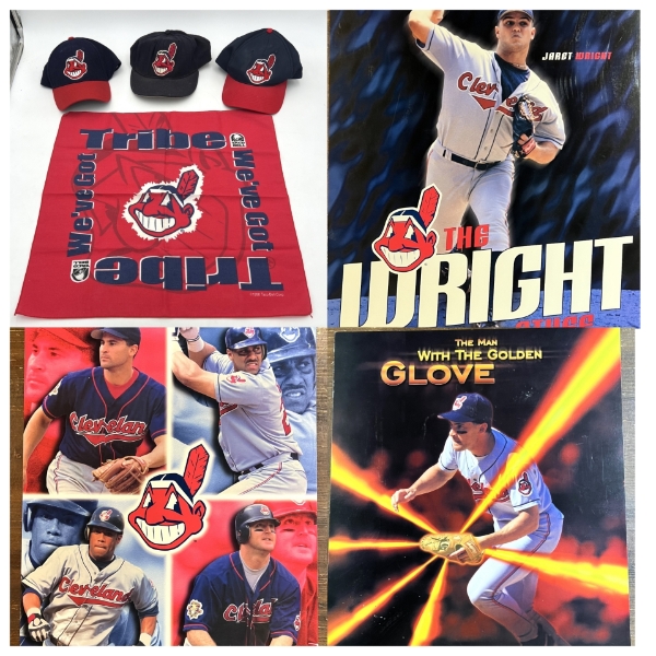 Lot of Cleveland Indians Swag.  3 Posters, 3 Hats, and a Bandanna