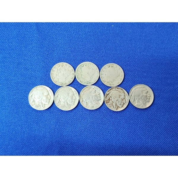 Lot of 8 Assorted U.S. Nickels: Buffalo and "V"