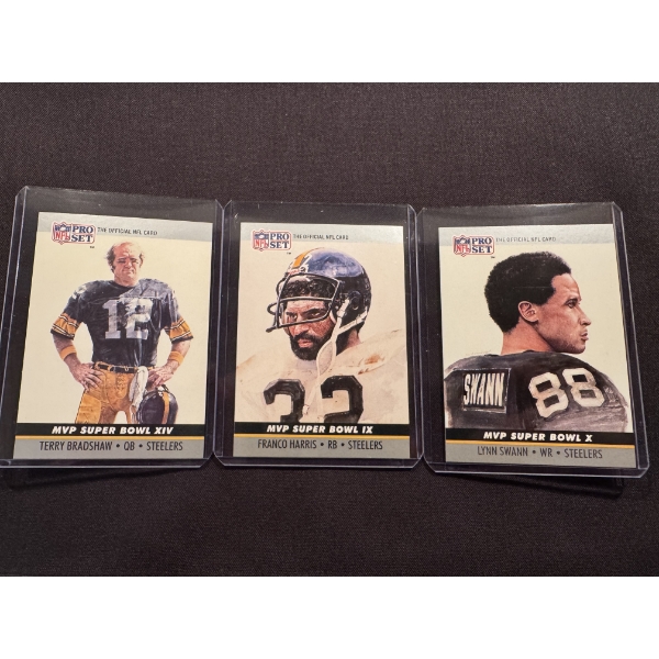 3 - 1990 Pro Set Pittsburgh Steelers Bradshaw, Harris & Swann - Mint Condition Cards