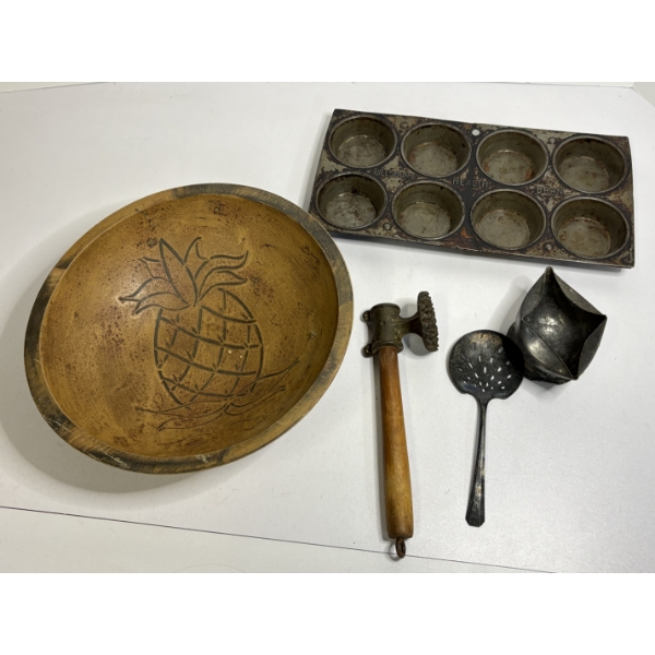 Antique Kitchen Items - Pineapple Wooden Carved Bowl - Meat Tenderizer - Muffin Tray Pillsbury