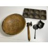 Image 1 : Antique Kitchen Items - Pineapple Wooden Carved Bowl - Meat Tenderizer - Muffin Tray Pillsbury