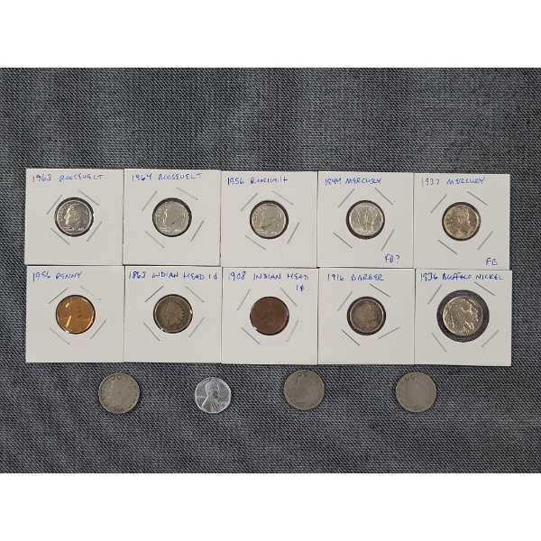 Lot of 14 United States Coins Ft. Silver Dimes, Pennies & Nickels - SILVER FACE VALUE: $.60