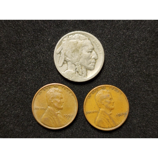Three Assorted Collectible United States Coins - Two Wheat Pennies & A Buffalo Nickel