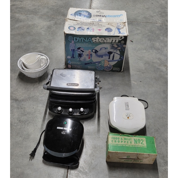 Kitchen Items Including George Forman Grills, Ceramic Bowls, Dyna Steam 3 And More! -No Shipping Ava