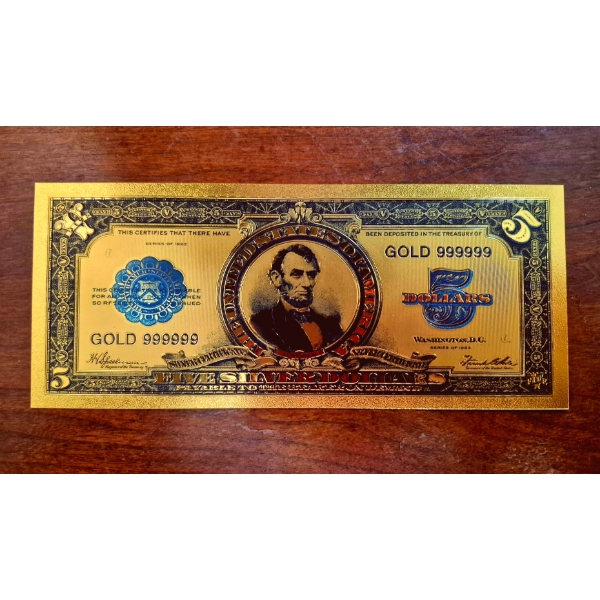 Pure 24k .999 Gold Foil United States 1923 $5 ABE LINCOLN "PORTHOLE" Large Note in Pure GOLD
