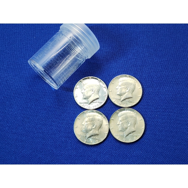 x4 Assorted Years Kennedy Half Dollars 40% Silver FV $2.00 and Coin Tube
