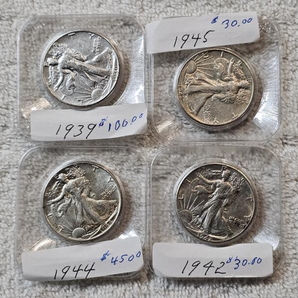 Four US Walking Liberty Half Dollars, Composed of 90% Silver FV: $2.00