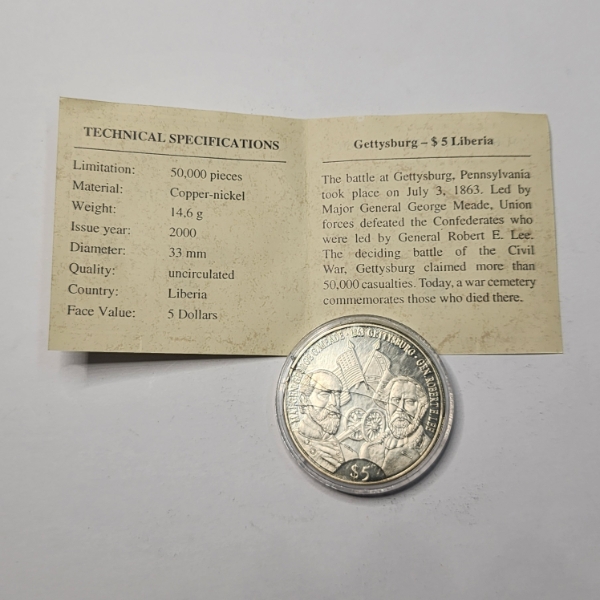 2000 "Civil War" Gettysburg $5 Liberia Coin 