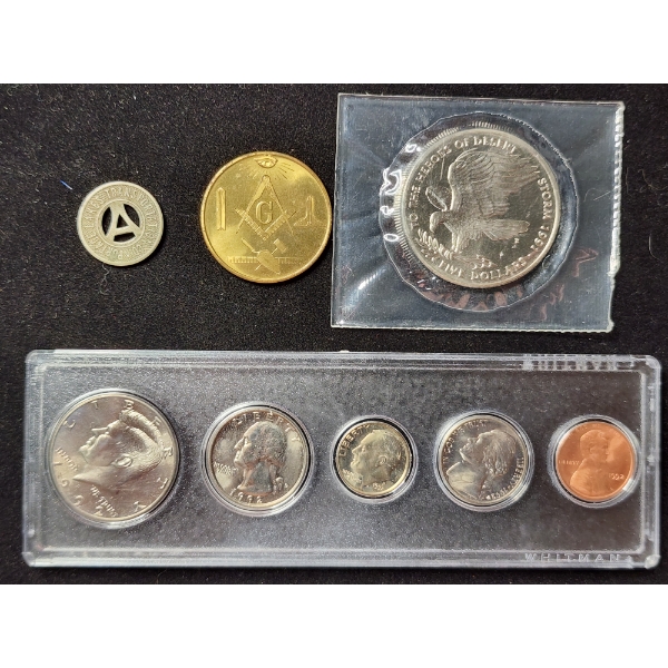 Portage Lakes Transportation Token, Freemason Akron Lodge 50 Years Coin, 1992 Coin Set & More!