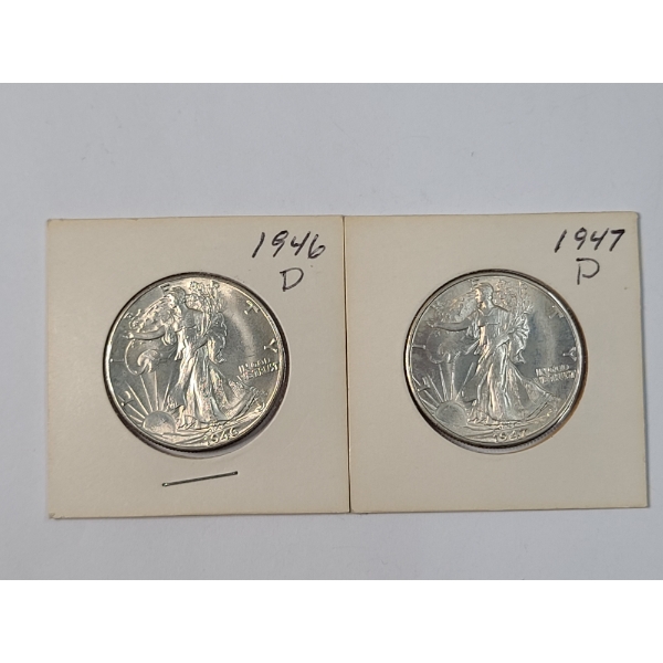 U.S 1946-D & 1947-D Walking Liberty 90% Silver Half Dollars - Amazing Condition - Face Value: $1.00