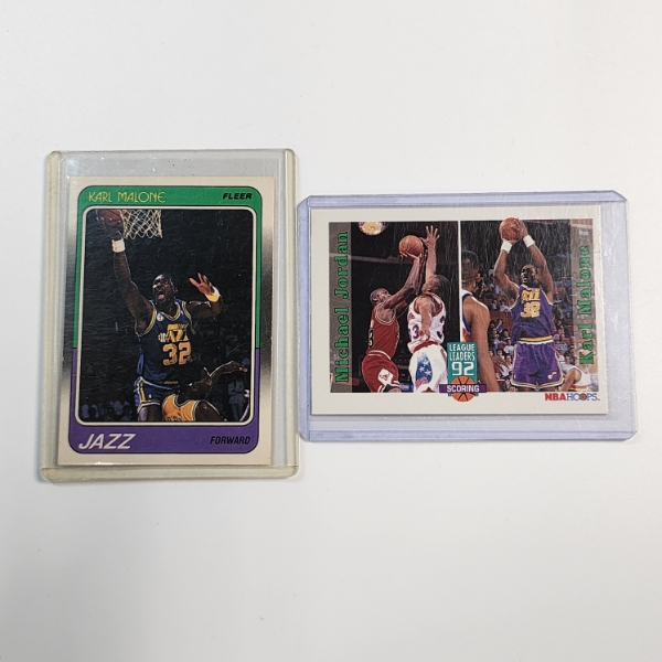 Two Basketball Trading Cards: Karl Malone & Michael Jordan + Karl Malone