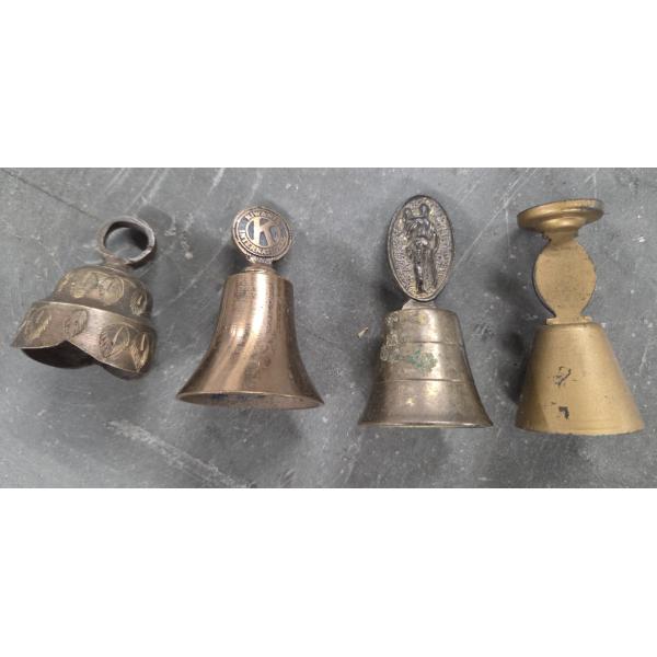 Three Small Unique Brass Bells And 1 Brass Colored Bell