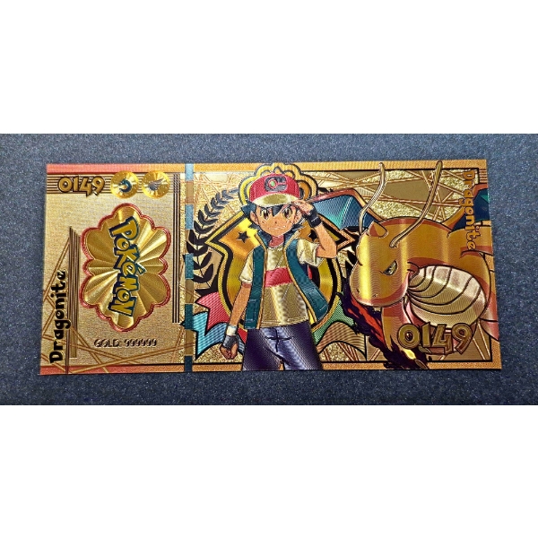 .999 GOLD FOIL JAPANESE ANIME' "DRAGONITE" POKEMON NOTE - IN PROTECTIVE SLEEVE