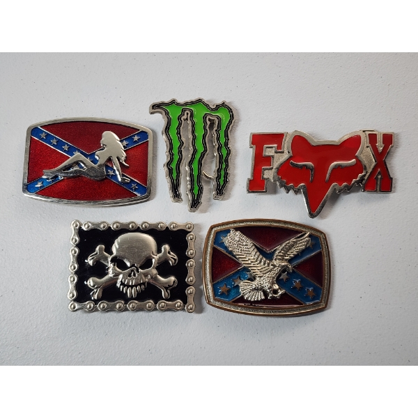Lot of 5 Assorted Belt Buckles in Great Condition: FOX, Monster, Confederate Flag, Skull