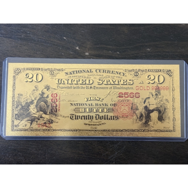 National Currency $20 Butte Montana .999 Gold Foil Note In Holder - Mint Condition