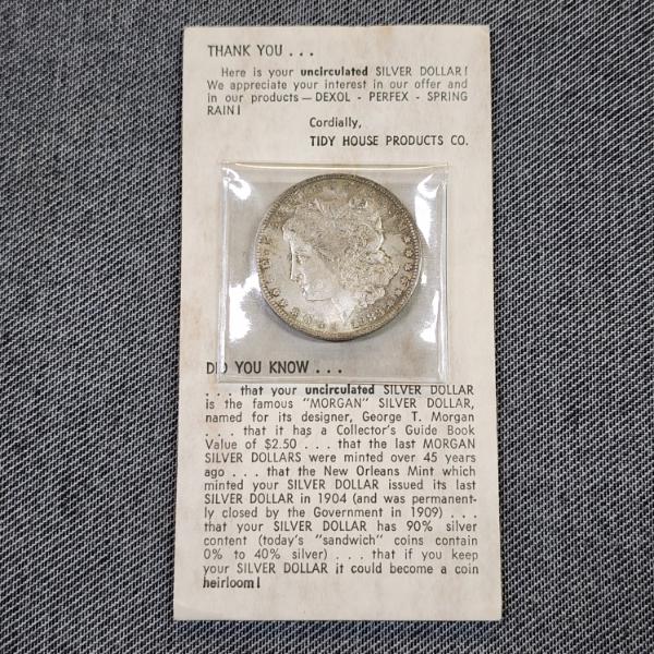 ADVERTISING & COIN HISTORY~ UNC 1883-O Morgan Silver Dollar W/ RARE Tidy House Prod. Holder 