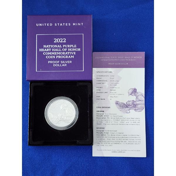 2022 National Purple Heart Hall of Honor Commemorative .999 Fine Silver Dollar Proof w/ Box & CoA