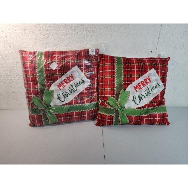 2 - NEW Christmas Plaid Bow Decorative Light-Up Pillows - 14x14in