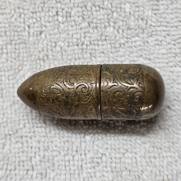 Antique Austrian Bullet Shaped Ornate Brass Pocket Sewing Kit