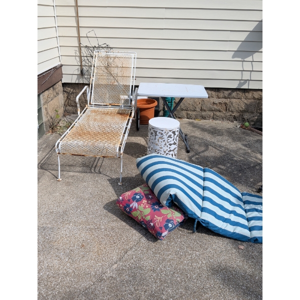 Iron Lounger, Cushions. Table, & Stand