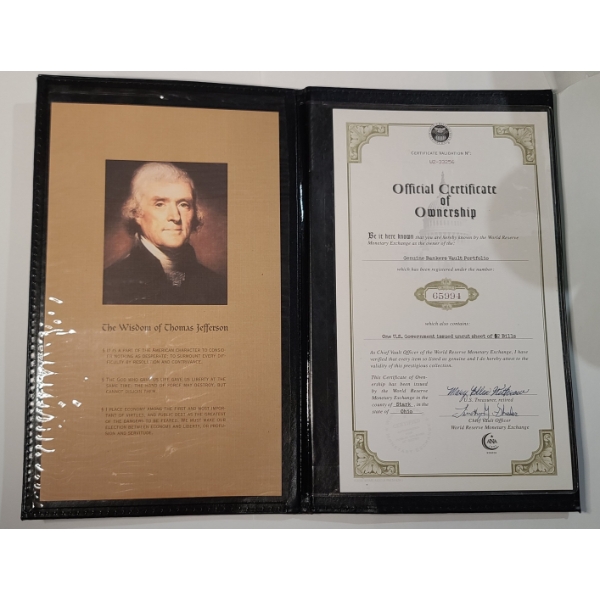 World Reserve Monetary Exchange Bankers Vault Portfolio With Uncut Sheet of U.S $2 Bank Notes 