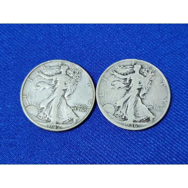 x2 90% Silver Walking Liberty Half Dollars: 1942 and 1936 FV: $1.00