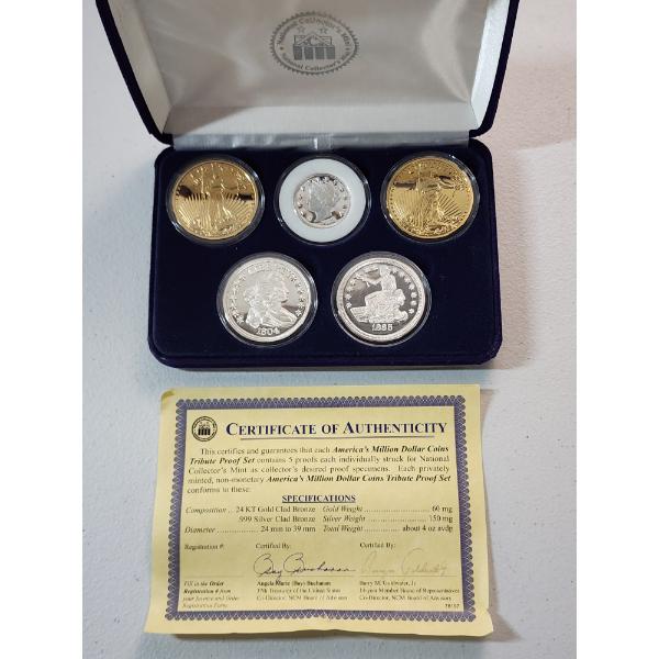 America's Million Dollar Coins Tribute Proof Set Including 24KT Gold & .999 Silver Clad Bronze 