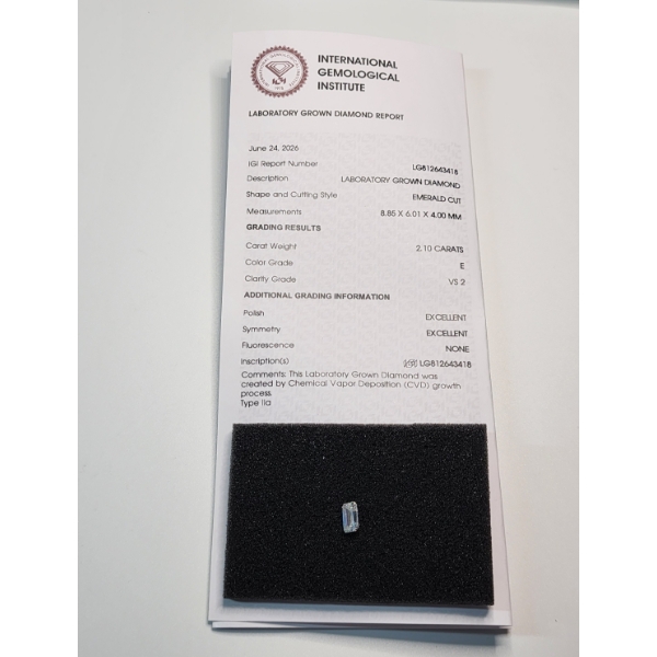 Stunning 2.1 Carat Lab Grown Emerald Cut Diamond with ICI Certification Paperwork