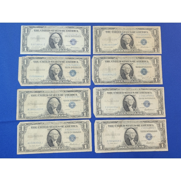 (8) U.S. Blue Seal $1 Silver Certificates: Series 1935 F, D, E 