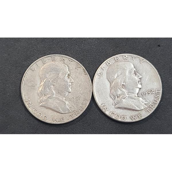 United States 1951-S & 1952 90% Silver Franklin Half Dollars - Face Value: $1.00