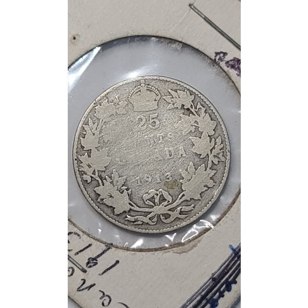 1913 Canada King George V 25 Cents 0.925 Silver Quarter - ASW: 0.1734 oz