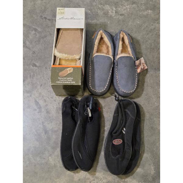 Two Brand New Size 10 Mens Leather Slippers & Two Pair Size 10 Water Shoes