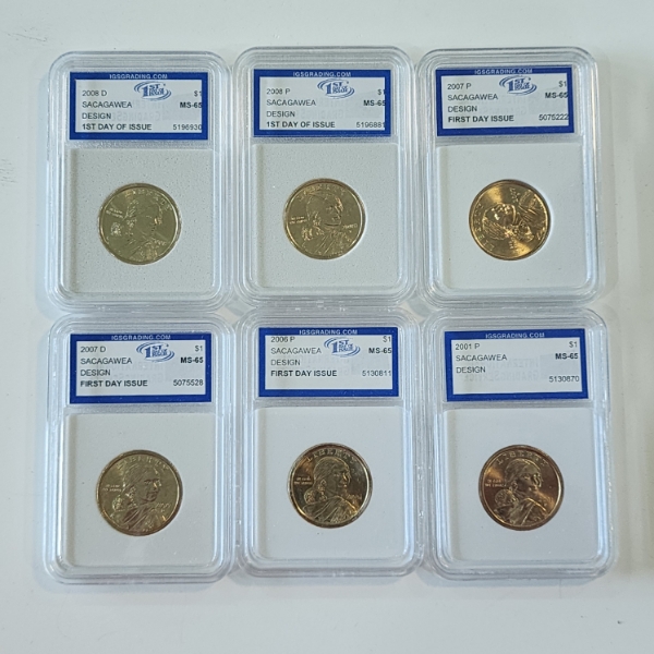 Six Assorted Years Sacagawea Dollar Coins Each Graded IGS MS65 - See Photos! 
