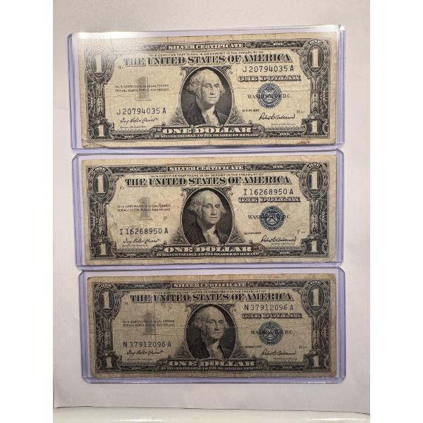 3 - 1957 United States Washington $1.00 Silver Certificates In Protective Holders 