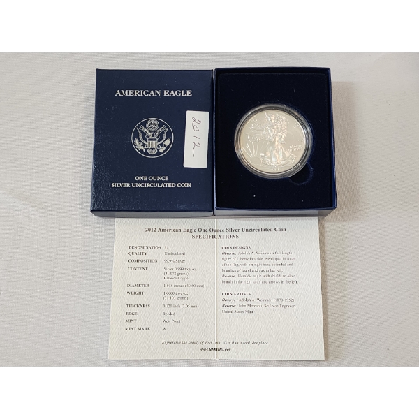 2012-W American Silver Eagle Uncirculated $1 Coin 1 oz .999 Fine Silver w/ OGP Box & COA