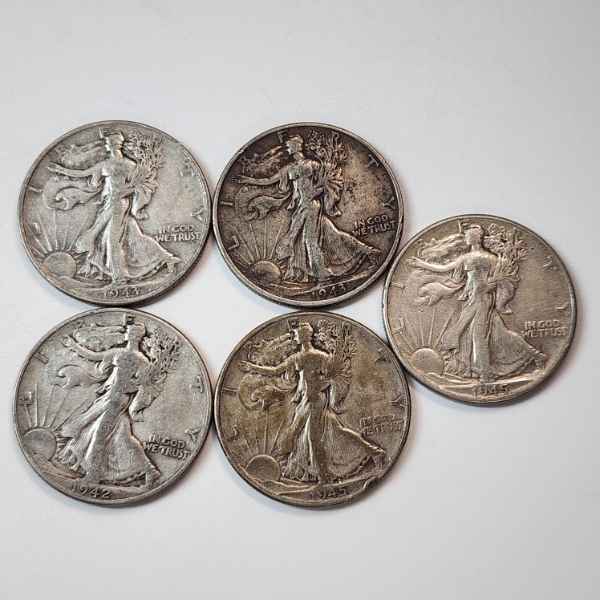 Five Assorted Years 90% Silver Walking Liberty Half Dollars - Face Value: $2.50