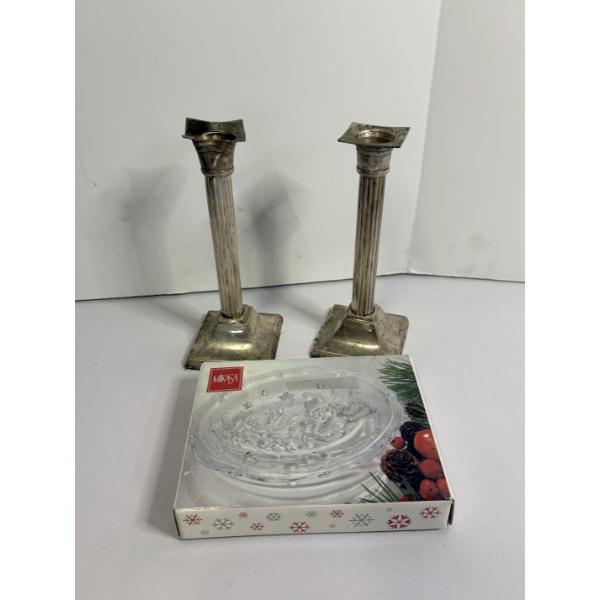 2 Candlesticks - 1 Bent - Decorative Christmas Glass Plate in Box 