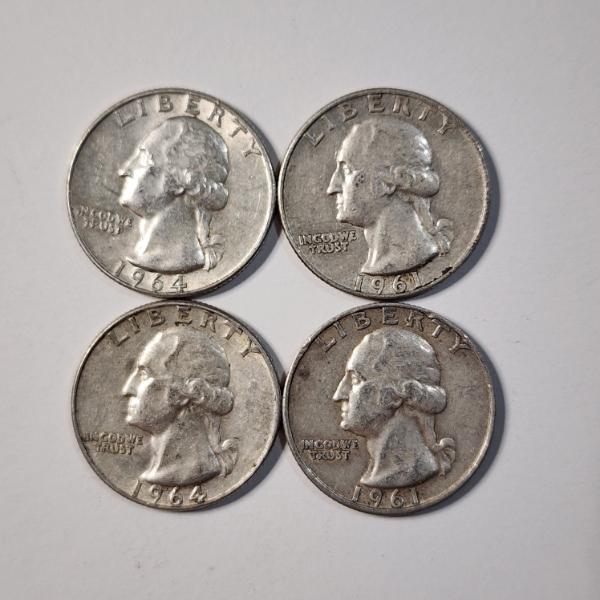 Four Assorted United States 90% Silver Washington Quarters ~ $1.00 Face Value