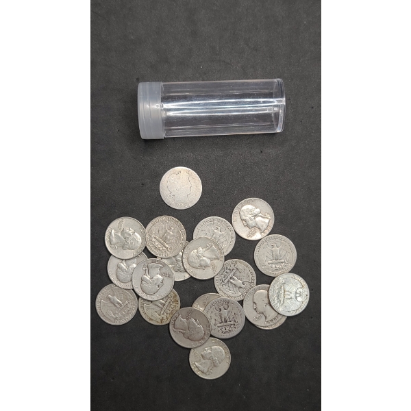 Assorted Years/Mint Marks Barber/Washington 90% Silver Quarters With Coin Tube - Face Value: $5.00