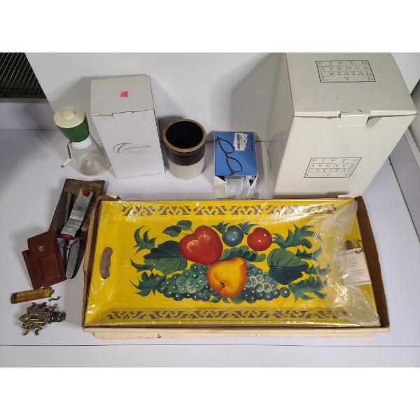 Large Lot of Assorted Kitchen & Home Items Including Crystal Ice Bucket, Small Crock, Tray & More!
