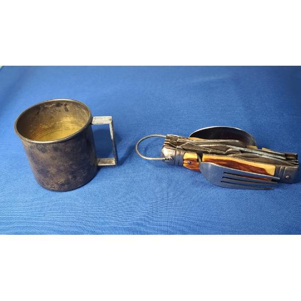 Silverplate Cup & Hobo Camping Bone Handle Utensil/Multi-Tool