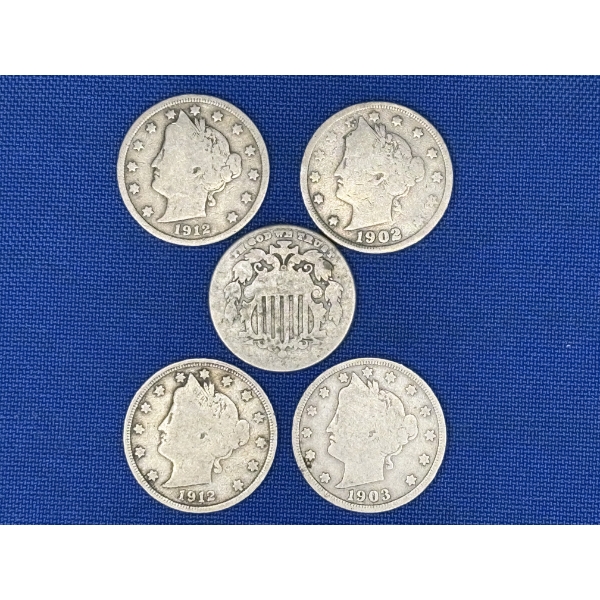 Lot of 4 US V Nickles (1912, 1912, 1903 and 1902) and 1 US Shield Nickel