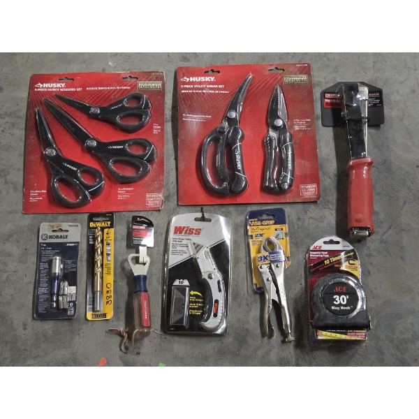 All Brand New! Two Packs Of Husky Shears, Tape Measure, Knife, Hammer Tacker & More!