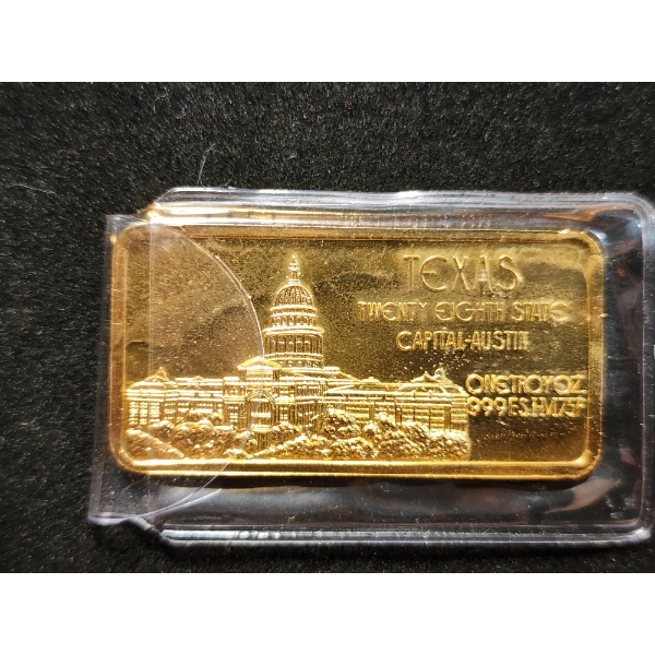 Vintage Gold Plated 28th State Texas One Troy Oz .999 Fine Silver Bar 