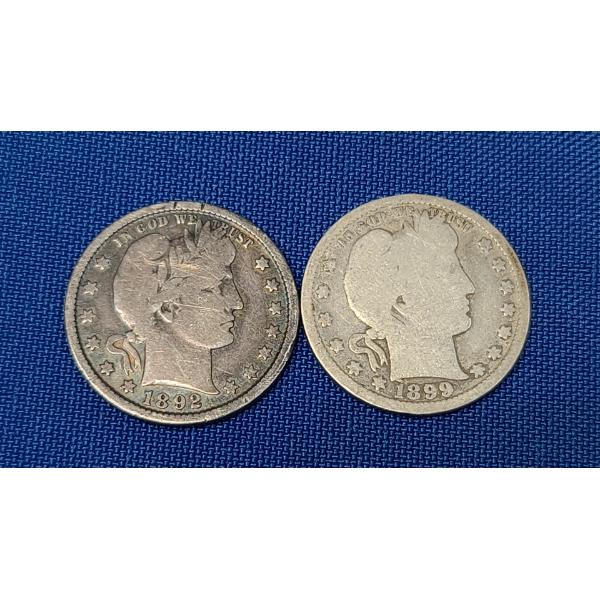 1892 & 1899 90% Silver Barber Quarters - Face Value: $0.50