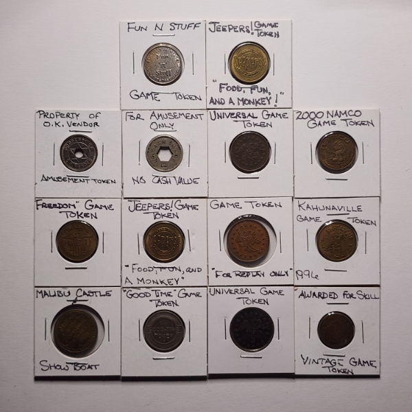 Large Collection of 14 Assorted Game & Arcade Tokens ~ MANY DIFFERENT ARCADES!