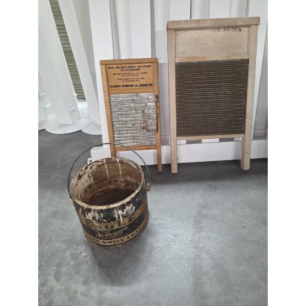 Two Antique Wash Boards & Vintage Paint Can