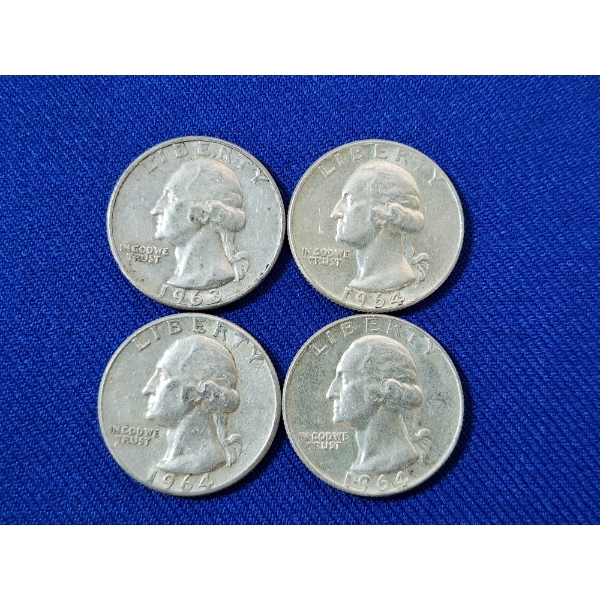 x4 Assorted Years U.S. 90% Silver Washington Quarters FV: $1.00